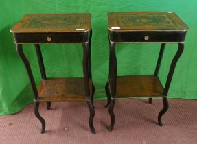 2 19thC ebonised and Louie IX marquetry lamp tables with single drawer to each