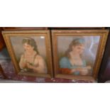 Pair of early oleographs of 2 young ladies