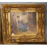 Oil on canvas seated lady with cats in ornate gilt frame - Approx image size: 60cm x 50cm