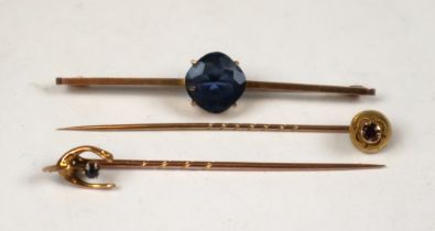 3 antique gold tie pins set with stones