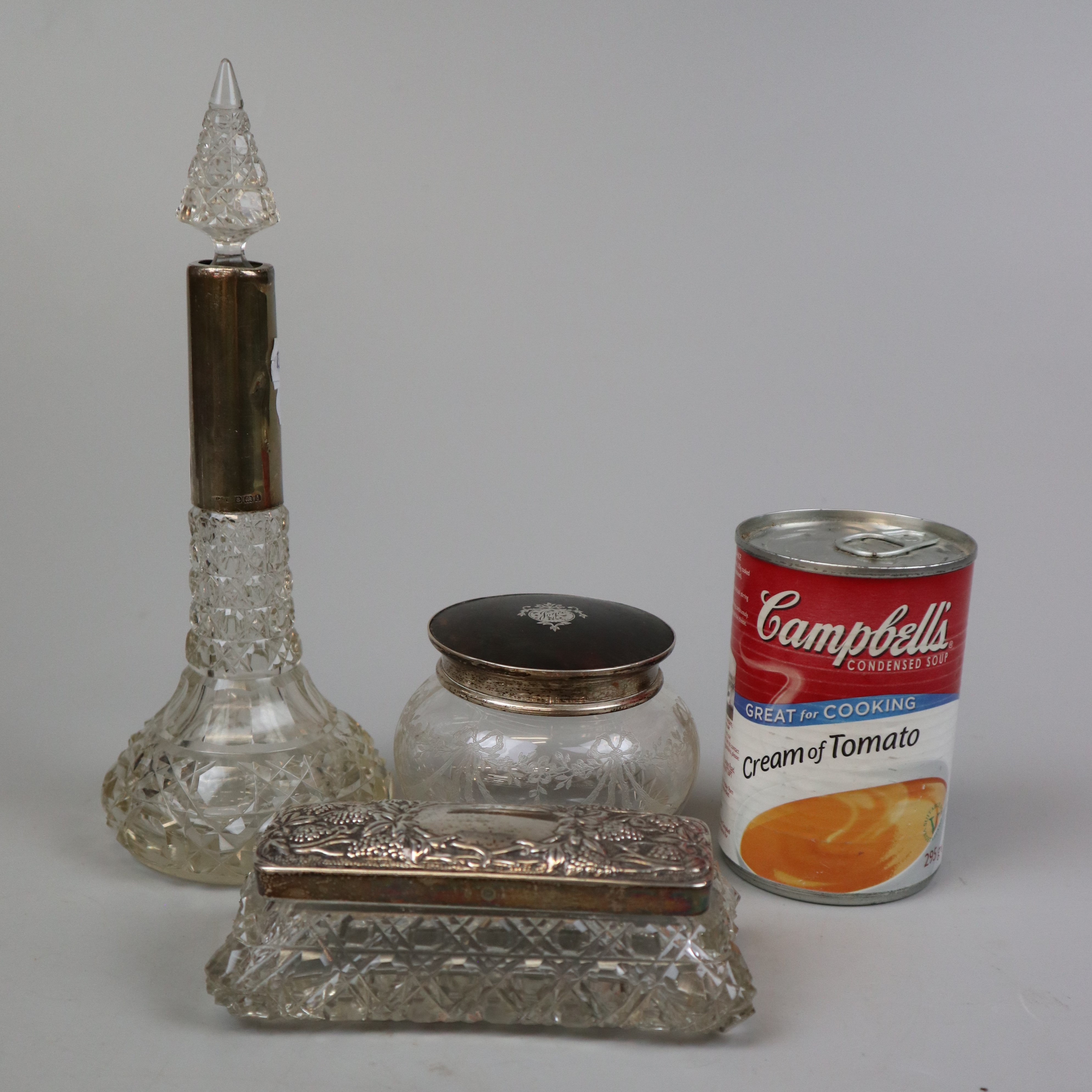 Silver mounted cut glass perfume bottle together with 2 hallmarked silver lidded glass pots - Image 2 of 7