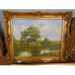 Oil on canvas of a riverside cottage scene signed F Jarby - Approx image size: 50cm x 39cm