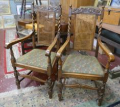 Pair of bergere and barley-twist oak armchairs