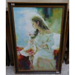 Oil on canvas - Girl with rose Signed J Hamilton - Approx image size: 59cm x 90cm