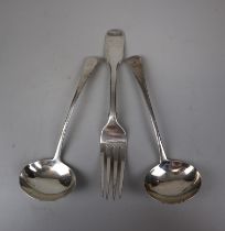 2 hallmarked silver ladles together with a hallmarked silver fork - Approx weight 163g