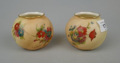 Pair of Royal Worcester (Grainger) globular posy vases in blush ivory with hand painted floral