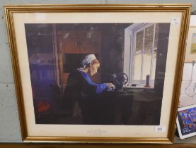 Signed L/E print by John Collier of a seamstress