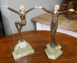 Pair of bronze statues on marble bases - Approx height: 34cm