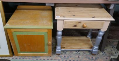 Small oak cupboard together with pine side table