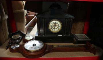 Collection of clocks and barometers to include slate mantle clock