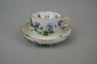 Meissen19thC encrusted porcelain cup & saucer with hand painted floral decoration with applied