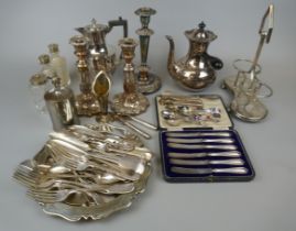 Collection of silverplate to include candlesticks and flatware etc