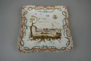 A French faience square dish with scalloped edge, polychrome decorated with hand painted harbour