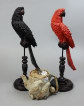 Pair of parrot figurines together with a bird themed teapot - Approx height of parrots: 43cm