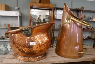 Copper coal scuttle together with a copper and brass coal scuttle