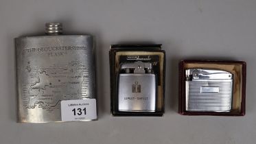 2 cased cigarette lighters together with a pewter hipflask