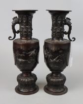 Pair of Meji period bronze vases A/F - Approx height 37cm