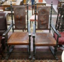 Pair of Angel Pazmino leather and wooden rocking chairs - Ecuadorian designer