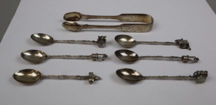 Collection of Argentinian 900 silver teaspoons together with hallmarked sugar tongs