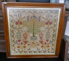 Large 1876 Adam and Eve Welsh sampler - Approx image size: 64cm x 64cm