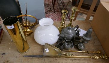 Collection of brass and pewter to include a shell casing