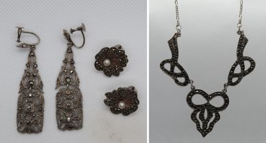 Silver and marcasite necklace together with 2 pairs of earrings