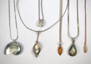 6 silver pendants to include amber and labradorite