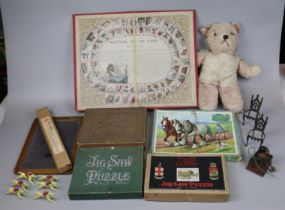 Collection of vintage toys to include jigsaws, teddy, recorder etc