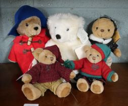 Collection of 5 Teddy Bears to include Paddington