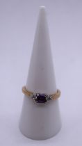 9ct gold diamond and amethyst ring - Size O½