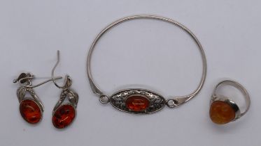 Silver & amber set ring, bangle & earrings