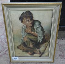 Oil on board - Beggar by J Ray 1889 - Approx image size: 29cm x 21cm