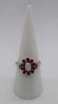 Silver opal & ruby set ring - Size: N½