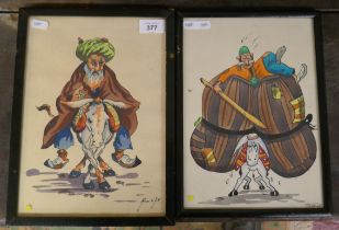 2 Hayro Avo 1970s Armenian cartoonist signed watercolours in original frames