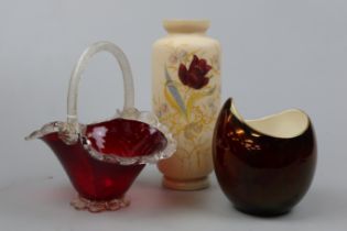 2 ceramic vases together with cranberry glass basket