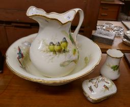 Jug and bowl set together with soap dish and toothbrush holder (early repair to jug)