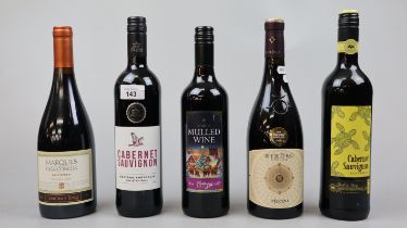 Collection of red wine together with a bottle of mulled wine