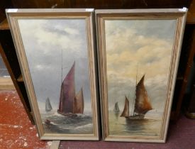 2 framed oil on canvas of sailing boats signed F.W.G. - Approx image sizes: 67cm x 29cm