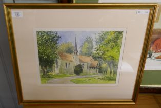 Watercolour of Luddington church by John Davis - Approx image size: 32cm x 24cm