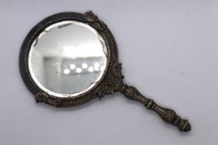 White metal hand mirror with beaded back