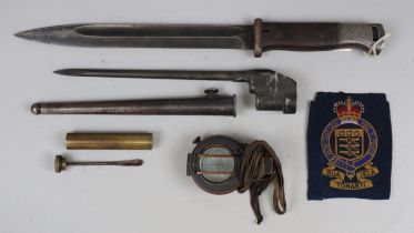 Portugese Mouser bayonet together with a spike bayonet in scabbard, military compass, Lea Enfield