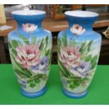 Pair of milk glass hand-painted vases - Approx height 32cm