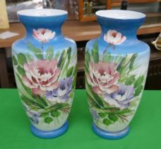 Pair of milk glass hand-painted vases - Approx height 32cm