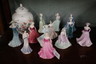 Collection of Coalport lady figures to include lidded vase