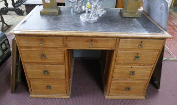 Pitch pine pedestal desk - Approx size: W: 122cm D: 74cm H: 75cm