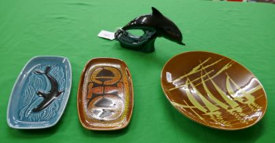 Collection of Poole dishes to include dolphin figure
