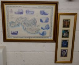 2 framed pictures with a Welsh theme - Welsh stamps and a map of Glamorganshire