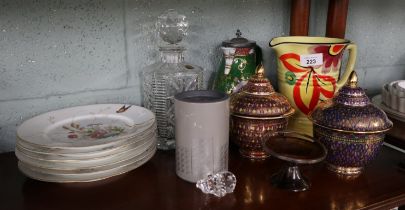 Collection of ceramics and other items to include 6 hand decorated cabinet plates, crystal