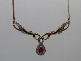 9ct gold diamond & ruby set necklace