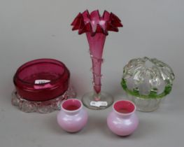 5 items of cranberry glass, milk glass and green glass